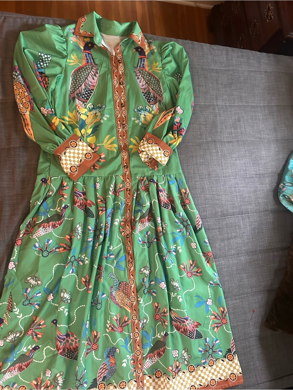 Vintage Green Floral & Bird Print Long Sleeve Dress